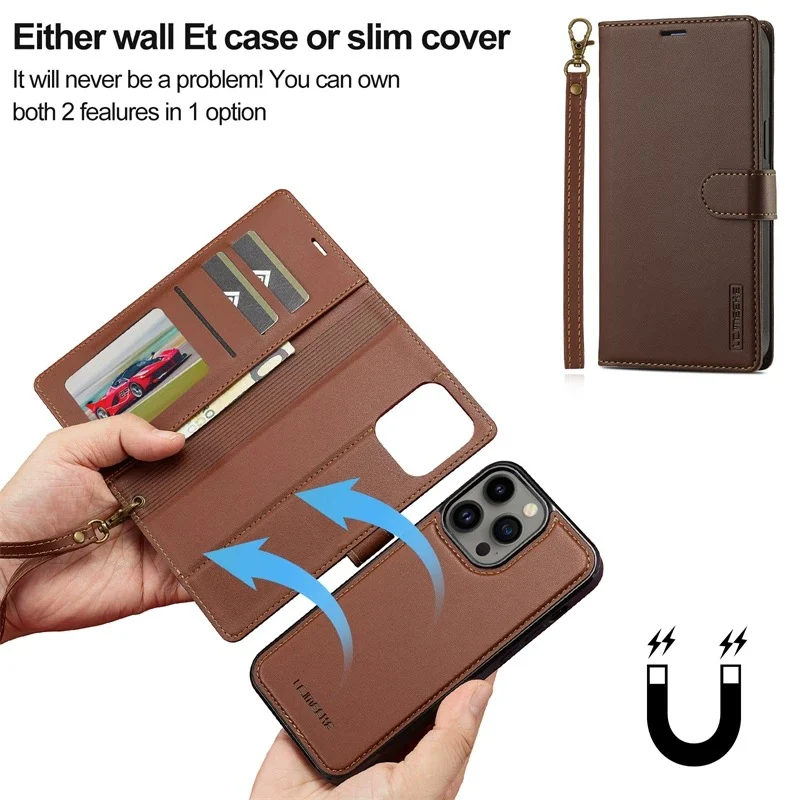 [2-in-1 Detachable][With Card Slot] Apple iPhone 14/Plus/Pro/Max - Magnetic Detachable Flip Leather Essentials Series Case With Lanyard - Image 5