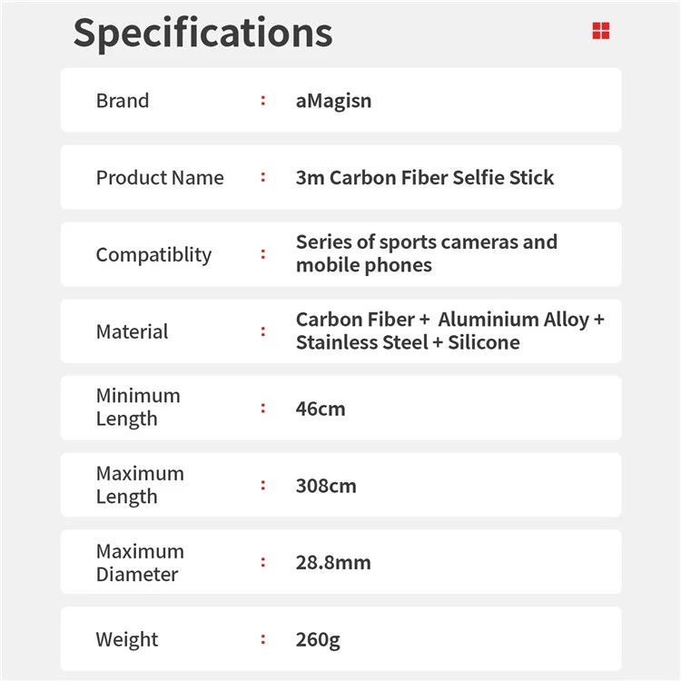[3M Super Long] AMAGISN 3m Carbon Fiber Selfie Stick Sports Camera Extension Pole for Insta360 / DJI / GoPro - Image 15