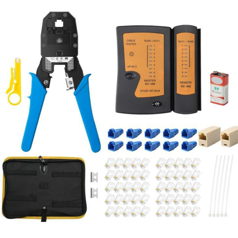 [99 in 1] Portable Self-adjusting 4P/6P/8P Crimping Pliers Wire Cable End Sleeve Ferrule Cutter Crimper Network Ethernet Internet Cable Clamp Tool Tester Set
