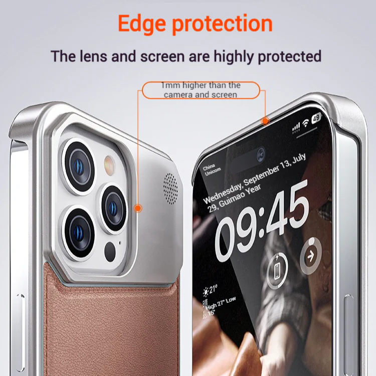 Apple iPhone 15/Pro/Pro Max Leather Titanium Gray Metal Frameless Telescopic Essentials Series Case - Image 5