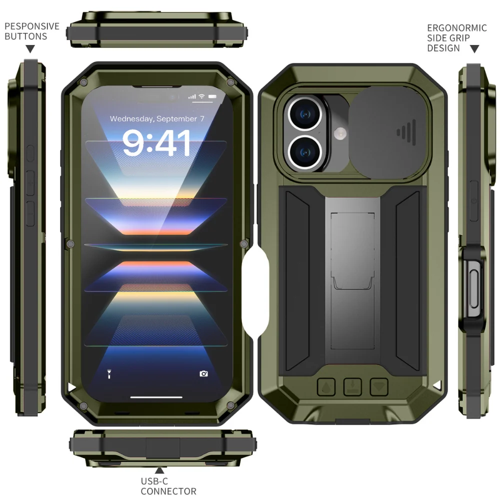 Apple iPhone 16/Pro/Plus/Max - R-JUST Sliding Camera IP54 Life Waterproof Holder Phone Case - Image 9