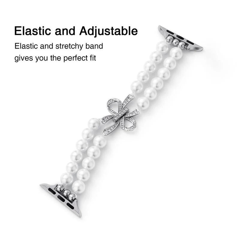 Apple Watch Series 1/2/3/4/5/6/SE/7/8/9/Ultra - Bowknot Pearl Elastic Watch Band - Image 2