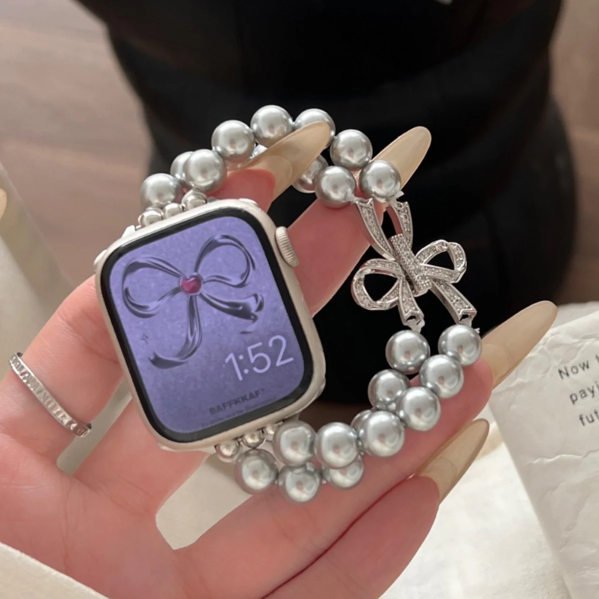 Apple Watch Series 1/2/3/4/5/6/SE/7/8/9/Ultra - Bowknot Pearl Elastic Watch Band - Image 5