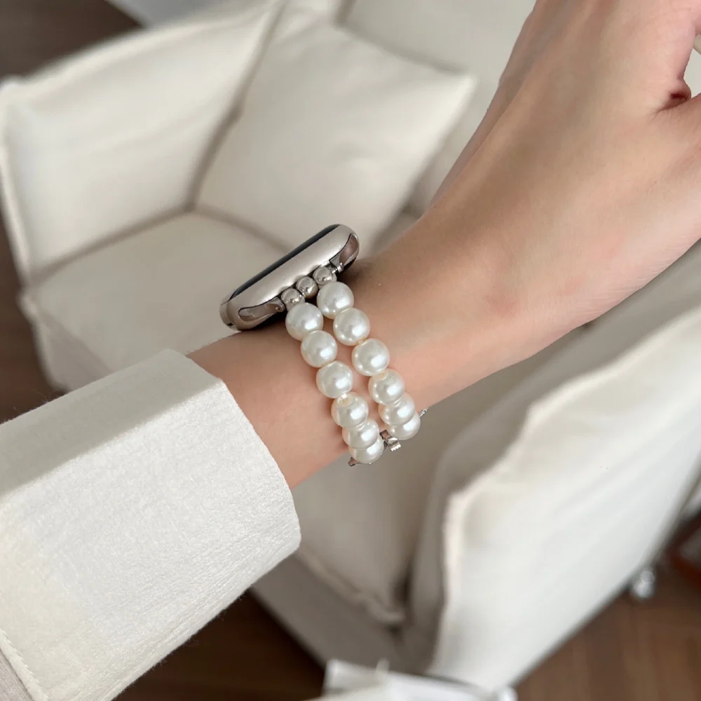 Apple Watch Series 1/2/3/4/5/6/SE/7/8/9/Ultra - Bowknot Pearl Elastic Watch Band - Image 6