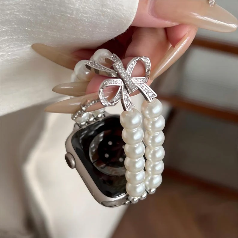 Apple Watch Series 1/2/3/4/5/6/SE/7/8/9/Ultra - Bowknot Pearl Elastic Watch Band - Image 8