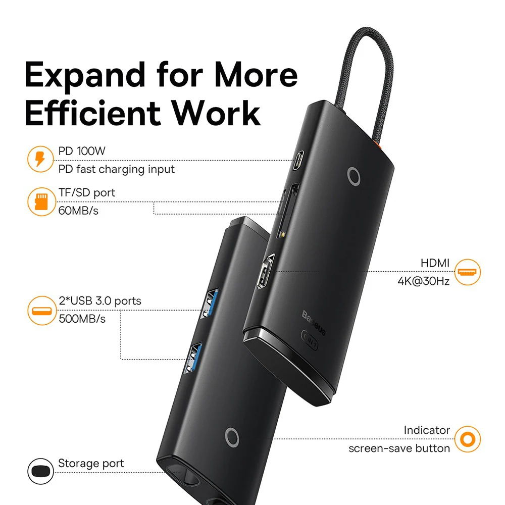 Baseus Lite Series 6-Port Type-C HUB Docking Station (Type-C to HDMI+USB3.0*2+PD+SD/TF) - Black - Image 7
