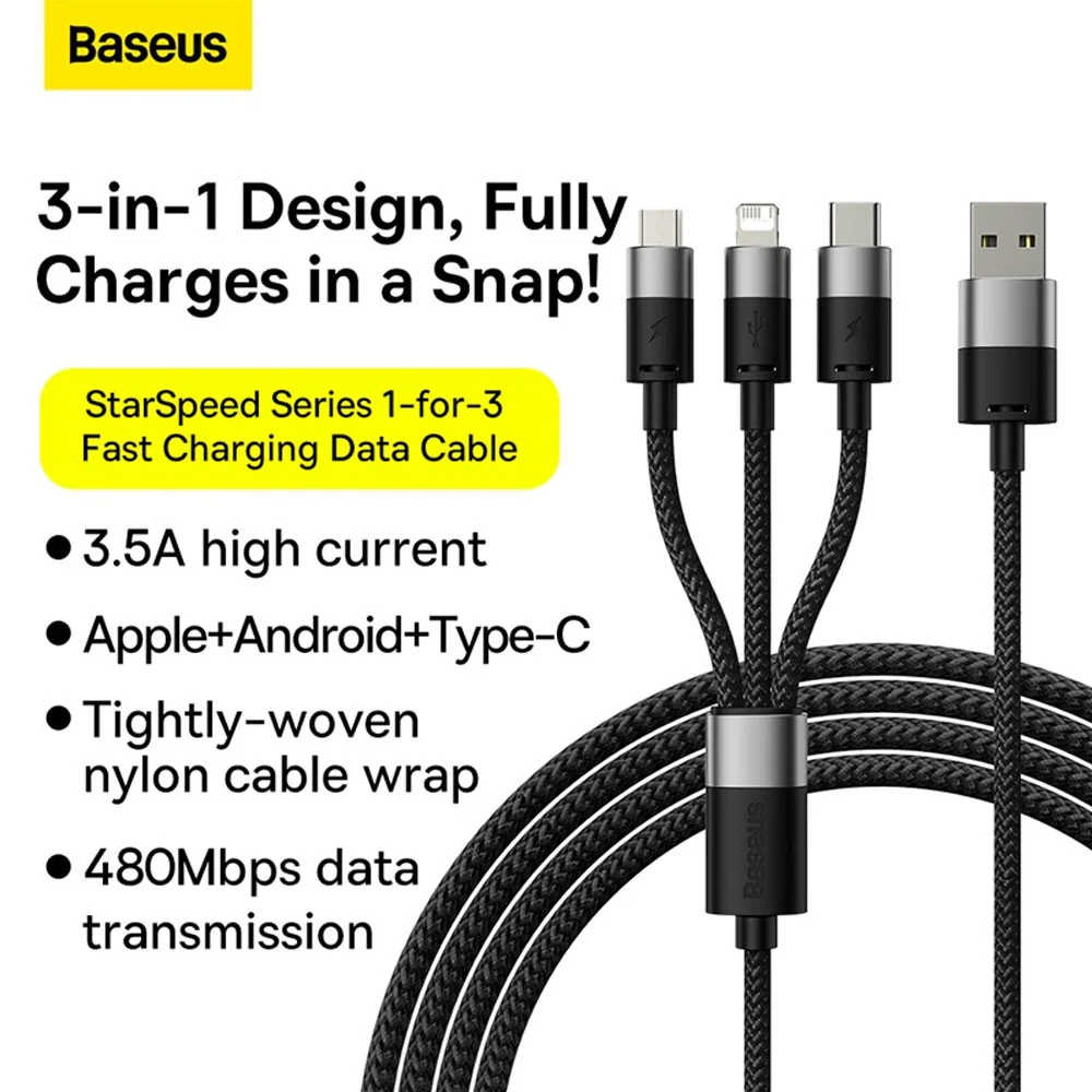 Baseus StarSpeed 1-for-3 Fast Charging Data Cable USB to M+L+C 3.5A 1.2m - Image 6
