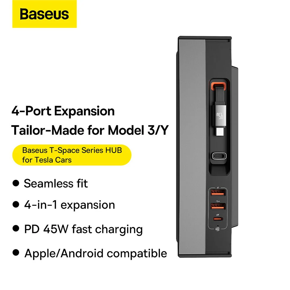 Baseus T-Space Series HUB for Tesla Cars (With a retractable 45W type-C cable) - Cluster Black - Image 6