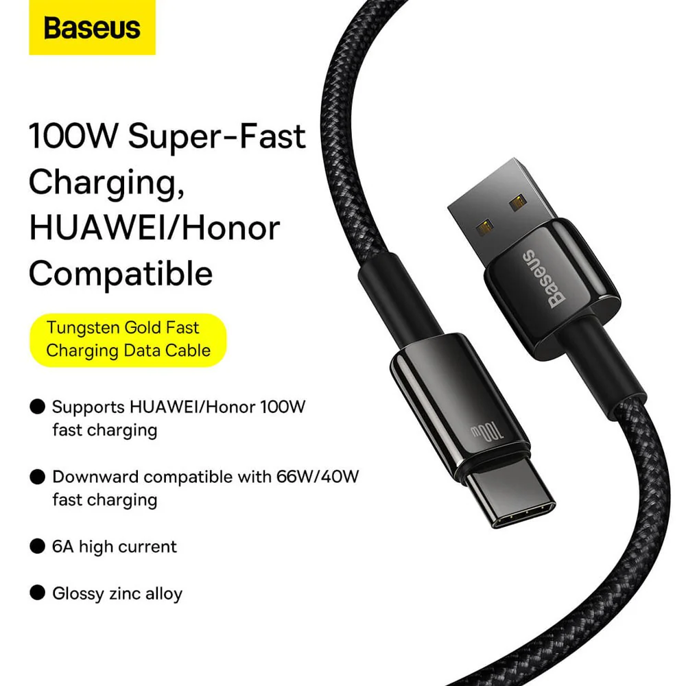 Baseus Tungsten Gold Fast Charging Data Cable USB to Type-C 100W 2m - Black - Image 2