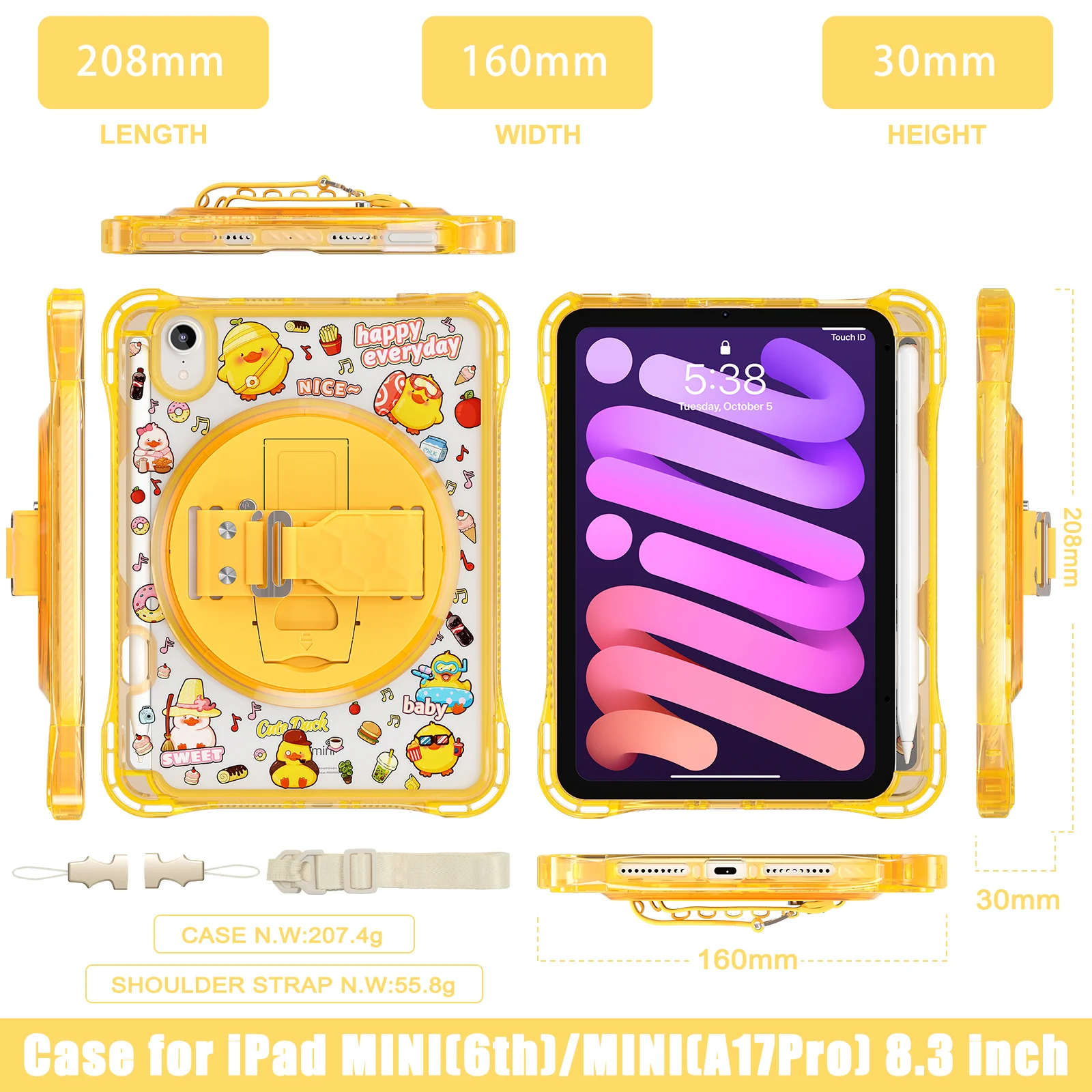[Built-in Pen Slot][With Shoulder Strap] Apple iPad Mini 6/7 8.3'' 6/7th Gen (2021/2024) Cartoon Kids Transparent Anti-Drop Protective Stand Case - Image 11