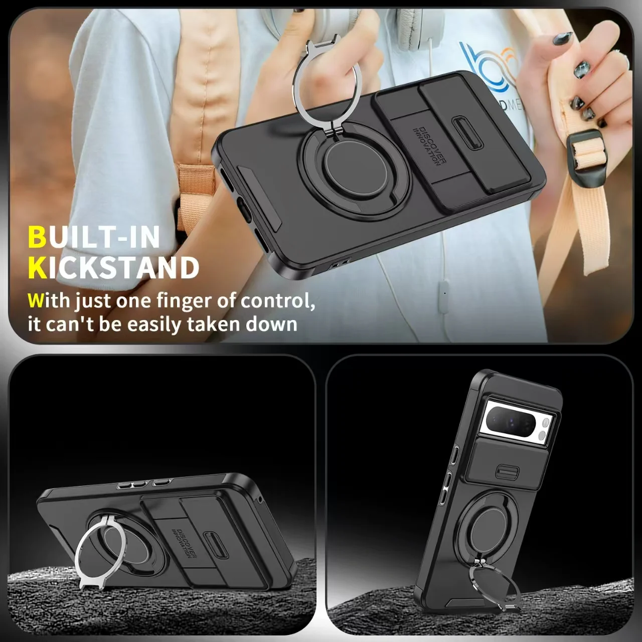 [Built-in Ring Bracket][With Lens Slide Cover] Google Pixel 8 Pro/A Shockproof Heavy Duty Series Case - Image 11