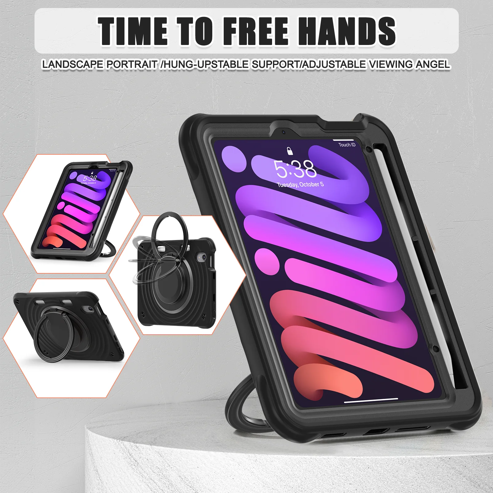 [Built-in Ring Bracket][With Pen Slot] Apple iPad Mini 6/7 8.3'' 6/7th Gen (2021/2024) Heavy Duty Ring Holder Stand Case - Image 15