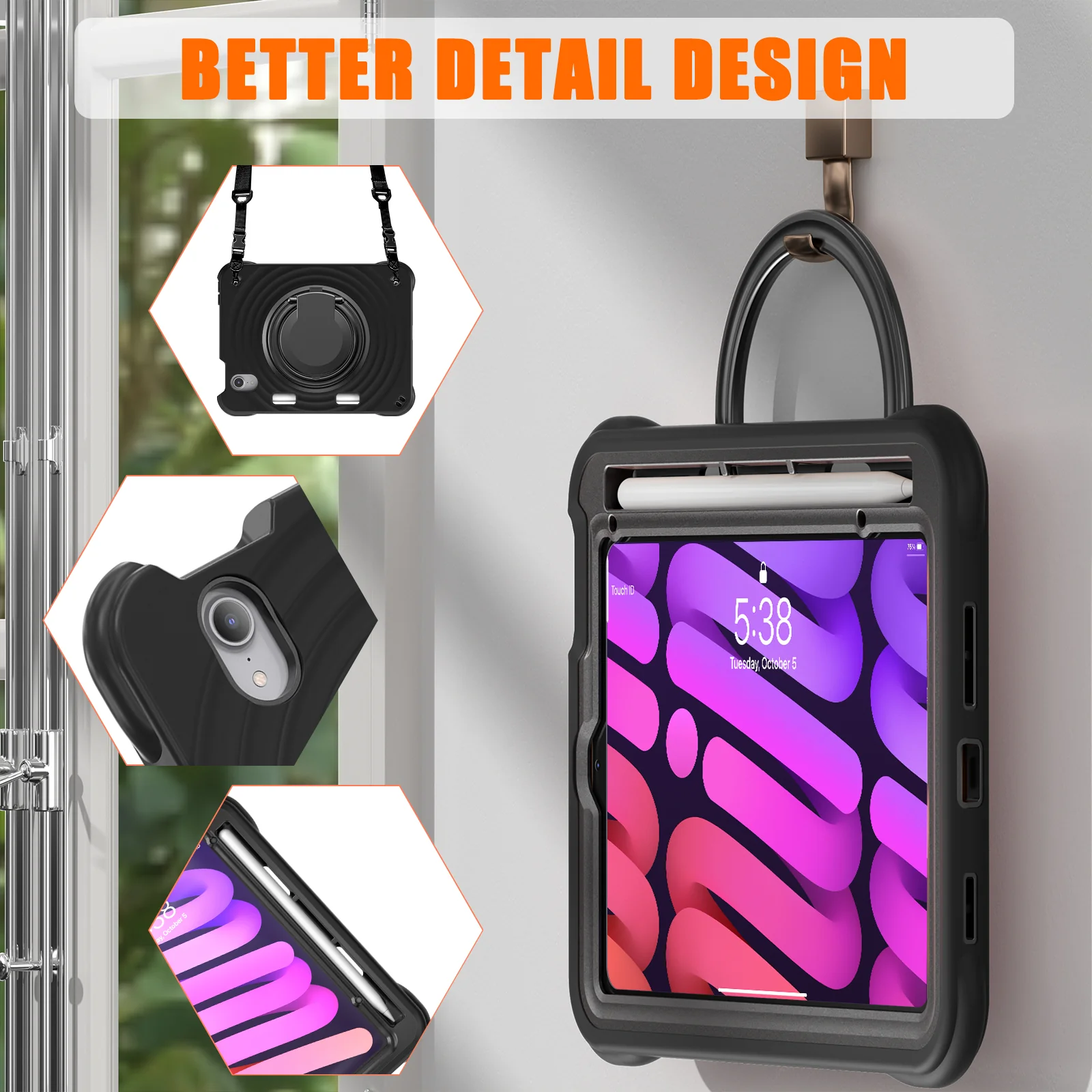 [Built-in Ring Bracket][With Pen Slot] Apple iPad Mini 6/7 8.3'' 6/7th Gen (2021/2024) Heavy Duty Ring Holder Stand Case - Image 7