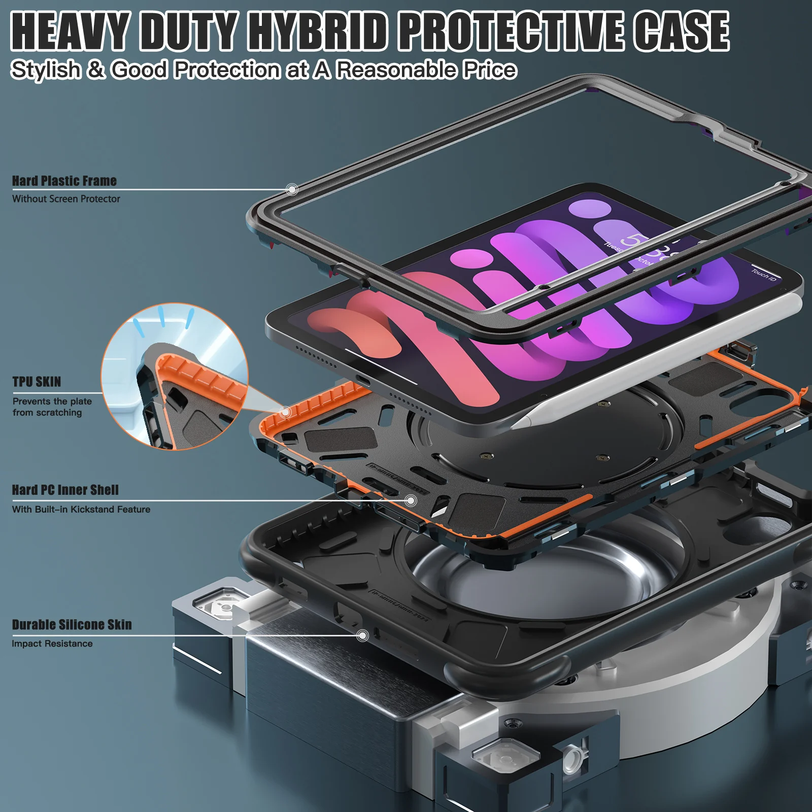 [Built-in Ring Bracket][With Pen Slot] Apple iPad Mini 6/7 8.3'' 6/7th Gen (2021/2024) Heavy Duty Ring Holder Stand Case - Image 8