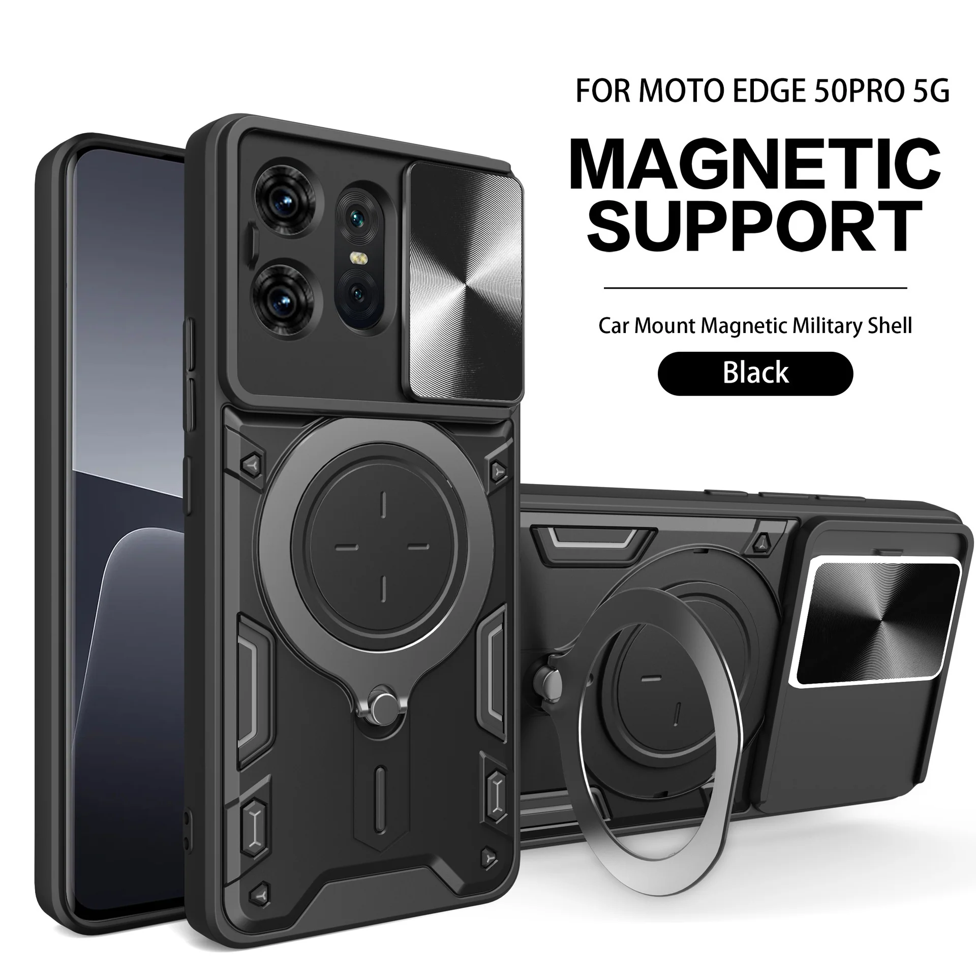 [Built-in Ring Bracket][With Slide Lens Cover] Motorola Moto G96 Minimalist Shockproof Phone Stand Series Case - Image 11