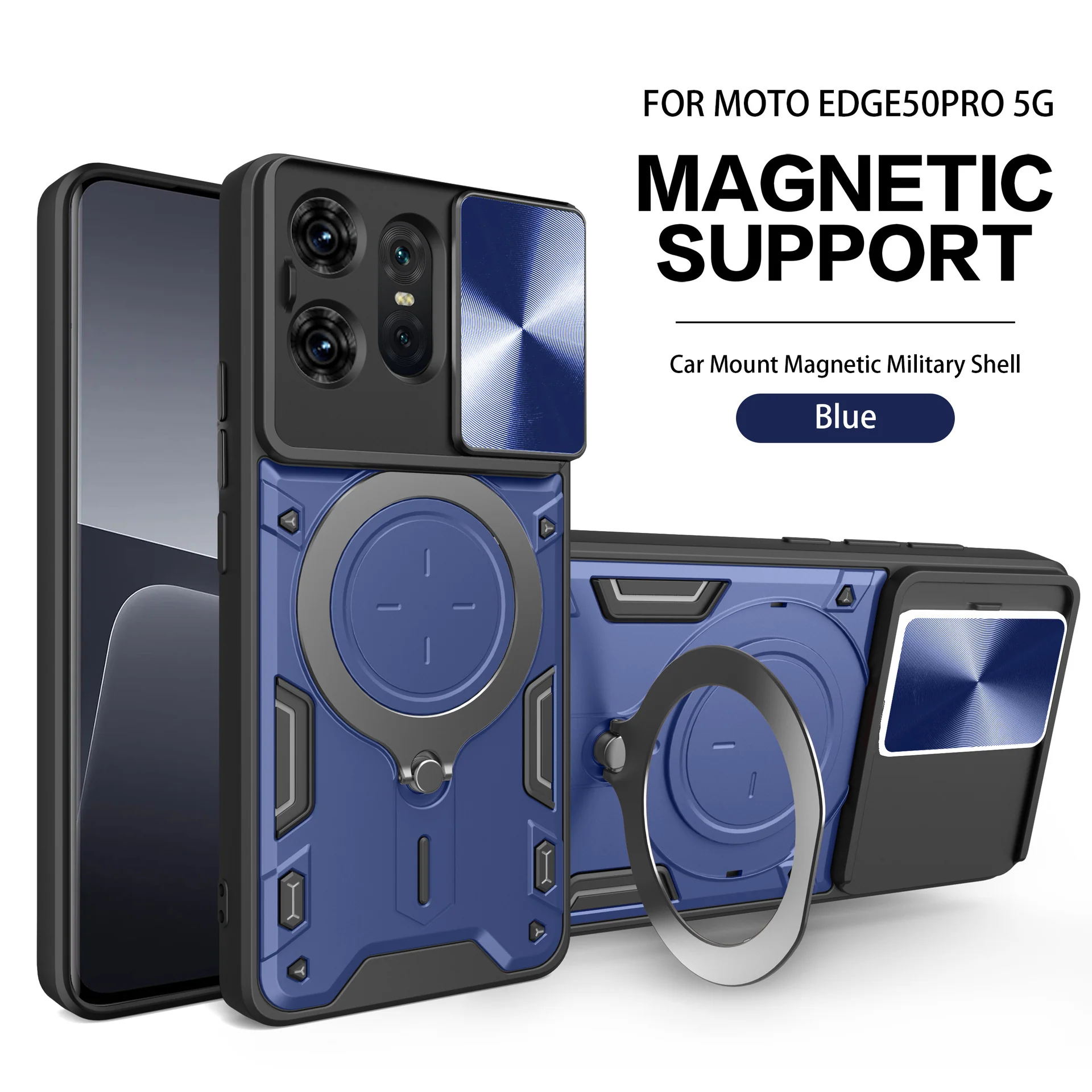[Built-in Ring Bracket][With Slide Lens Cover] Motorola Moto G96 Minimalist Shockproof Phone Stand Series Case - Image 13