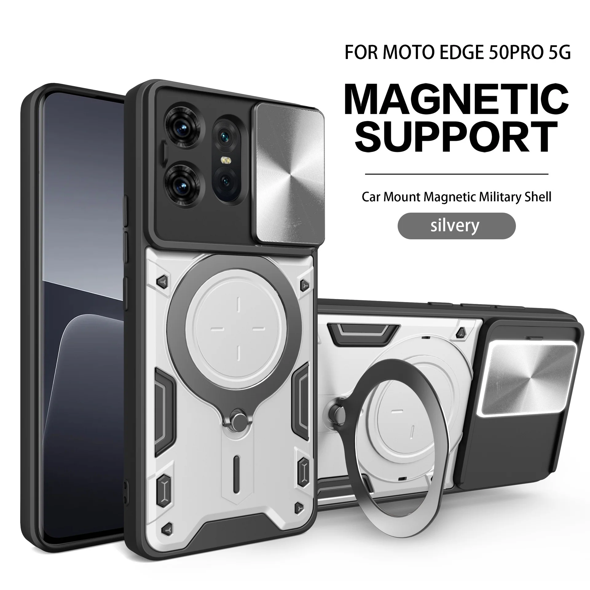[Built-in Ring Bracket][With Slide Lens Cover] Motorola Moto G96 Minimalist Shockproof Phone Stand Series Case - Image 14