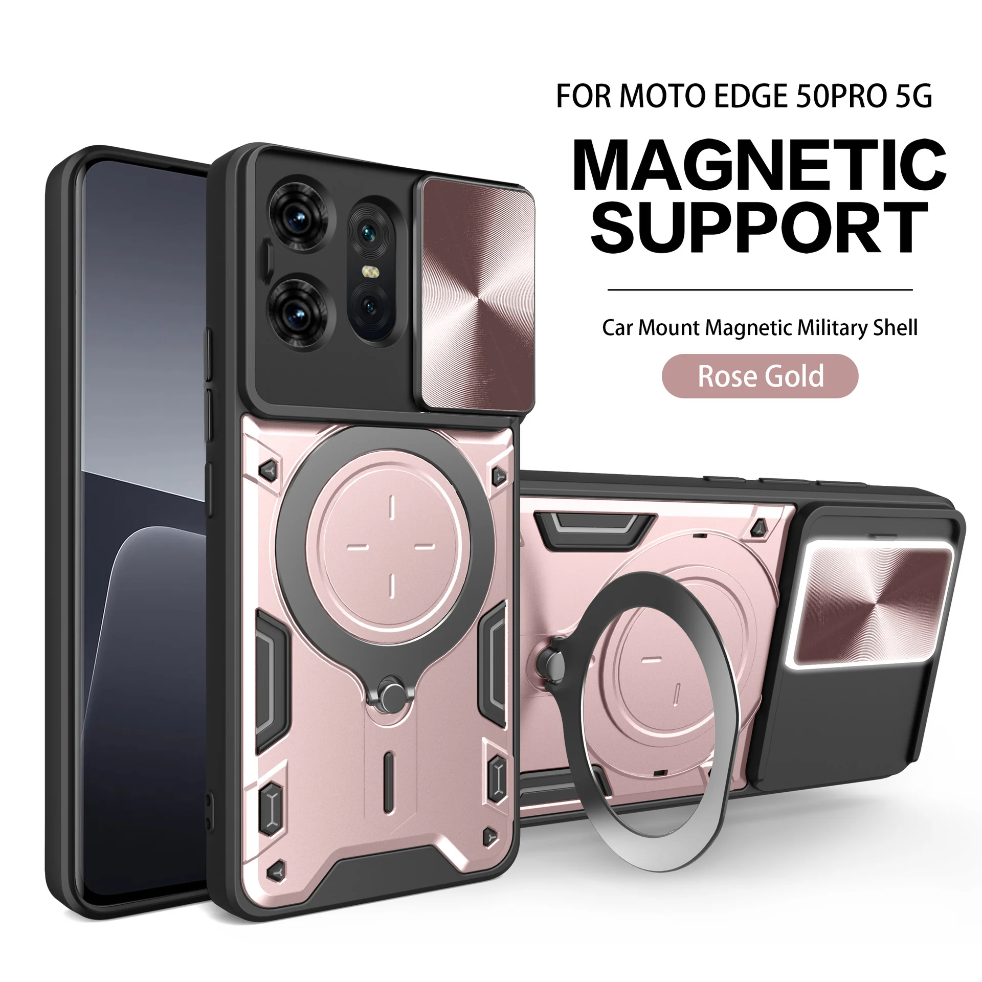 [Built-in Ring Bracket][With Slide Lens Cover] Motorola Moto G96 Minimalist Shockproof Phone Stand Series Case - Image 15