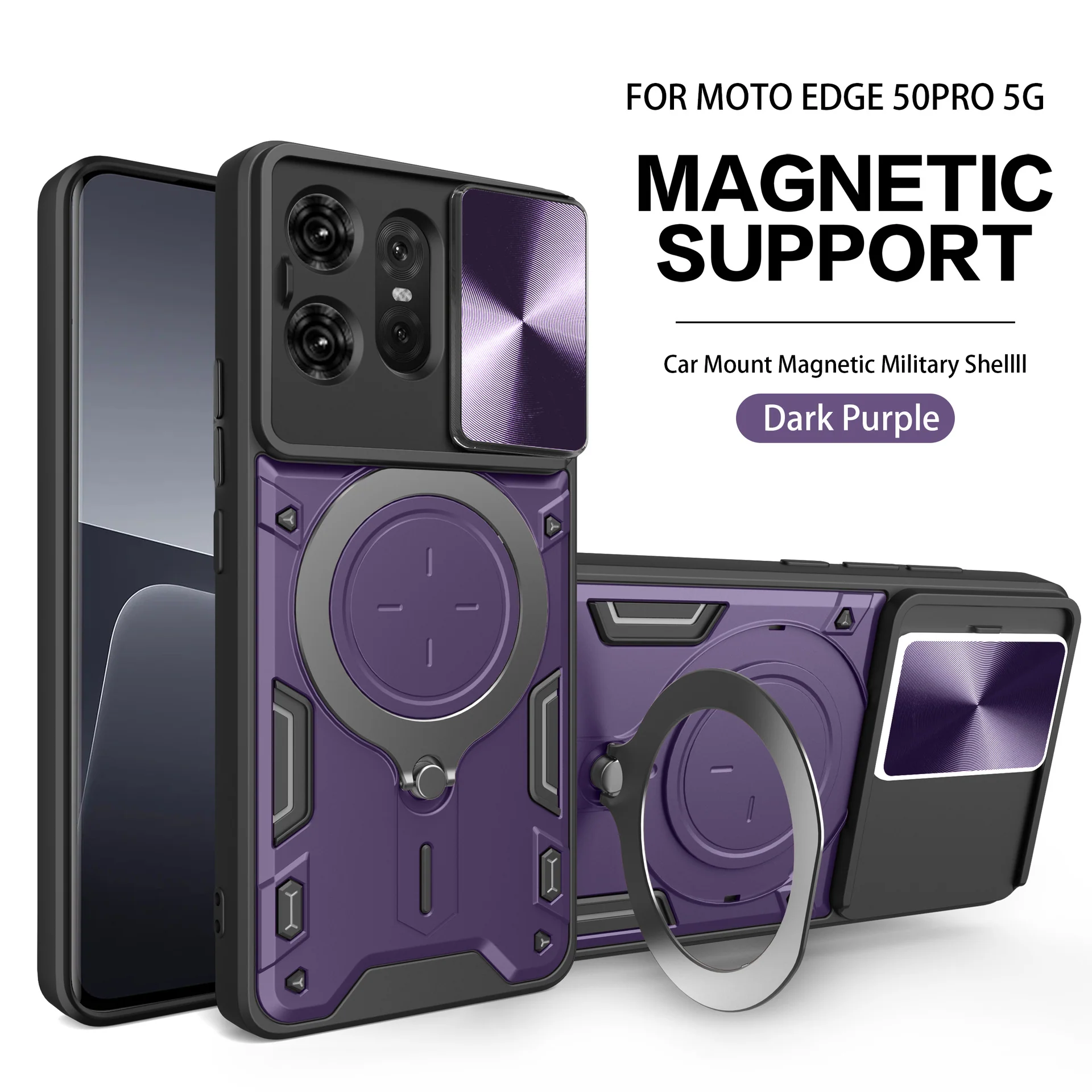 [Built-in Ring Bracket][With Slide Lens Cover] Motorola Moto G96 Minimalist Shockproof Phone Stand Series Case - Image 16