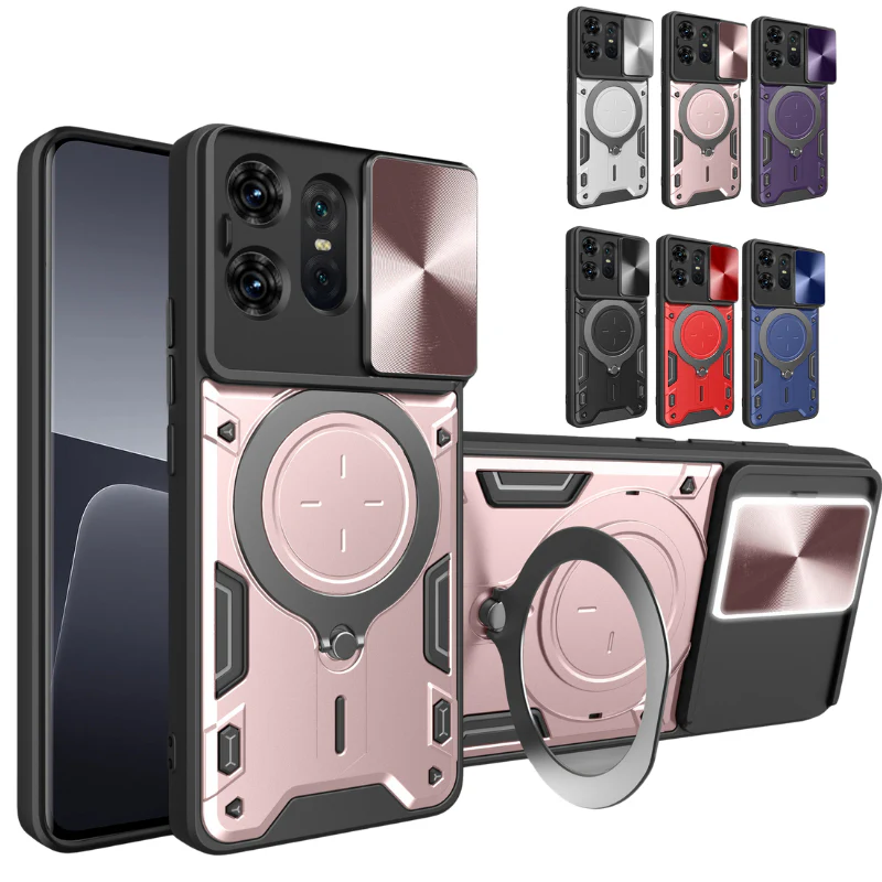 [Built-in Ring Bracket][With Slide Lens Cover] Motorola Moto G96 Minimalist Shockproof Phone Stand Series Case - Image 2