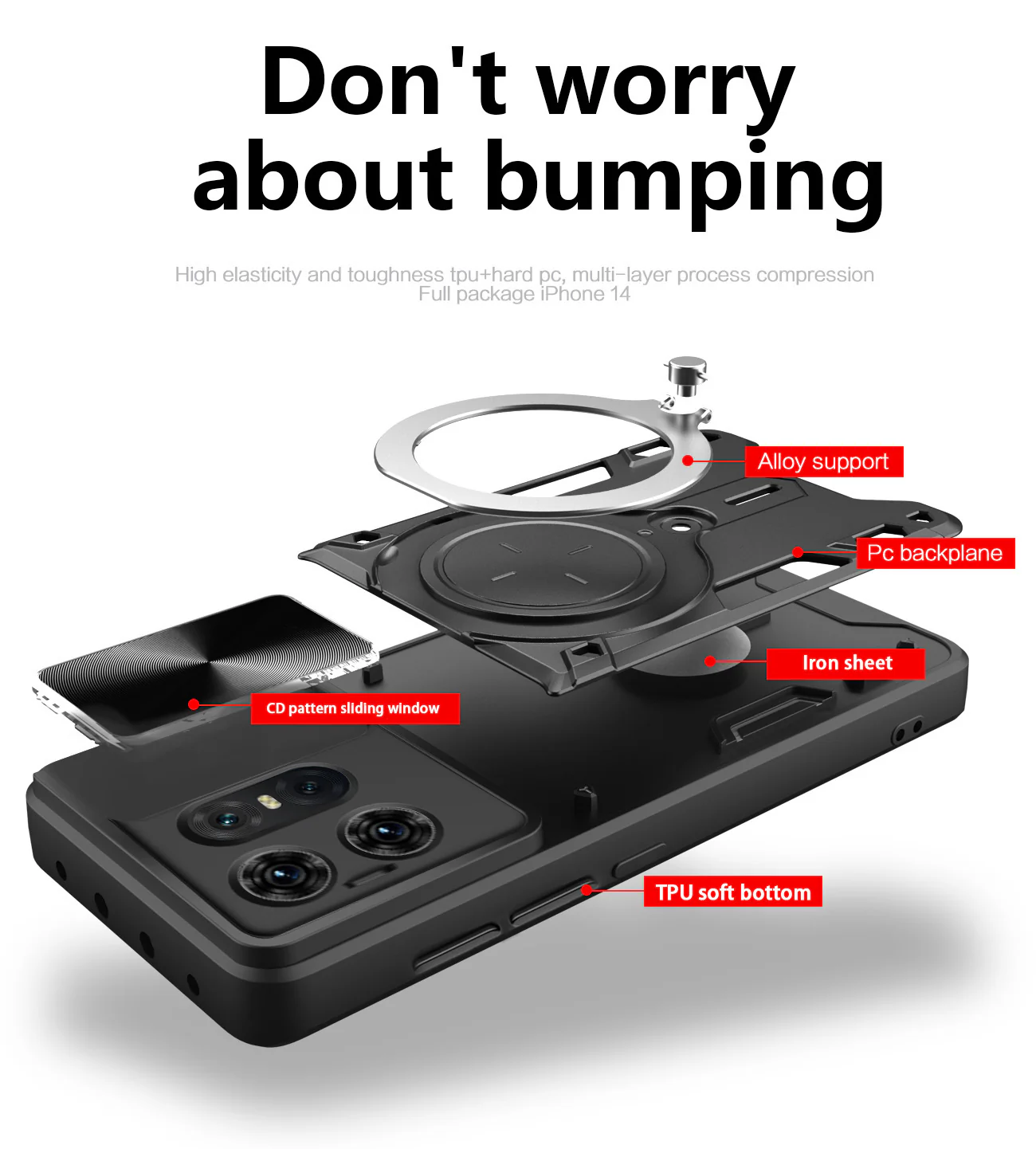 [Built-in Ring Bracket][With Slide Lens Cover] Motorola Moto G96 Minimalist Shockproof Phone Stand Series Case - Image 3