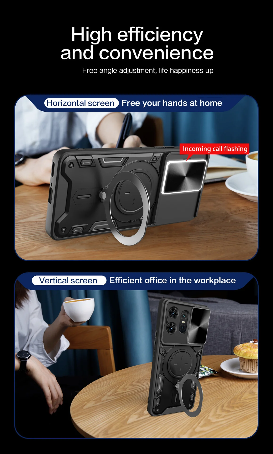 [Built-in Ring Bracket][With Slide Lens Cover] Motorola Moto G96 Minimalist Shockproof Phone Stand Series Case - Image 6