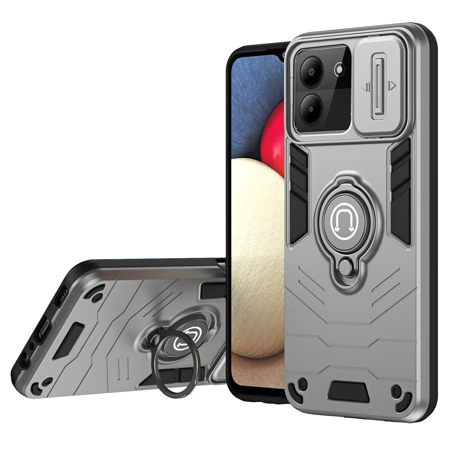 [Built-in Ring Bracket][With Slide Lens Cover] ZTE Blade A34 Mecha-style Anti-slip Protective Hard Heavy Duty Series Case - Image 3