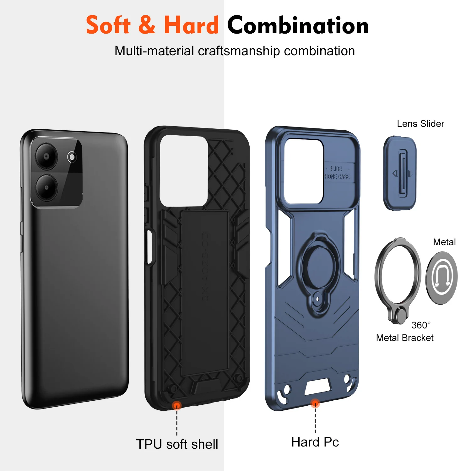 [Built-in Ring Bracket][With Slide Lens Cover] ZTE Blade A34 Mecha-style Anti-slip Protective Hard Heavy Duty Series Case - Image 5