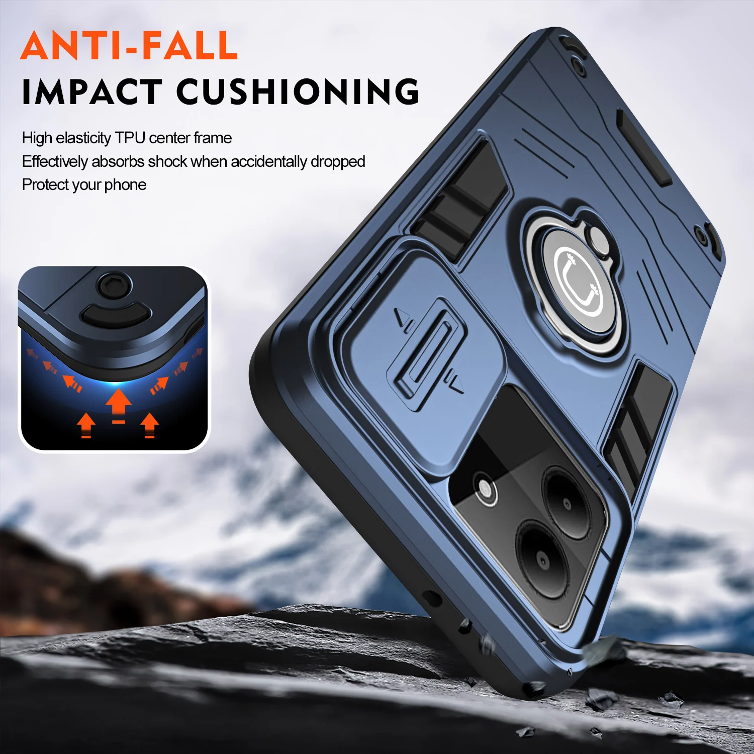 [Built-in Ring Bracket][With Slide Lens Cover] ZTE Blade A34 Mecha-style Anti-slip Protective Hard Heavy Duty Series Case - Image 7