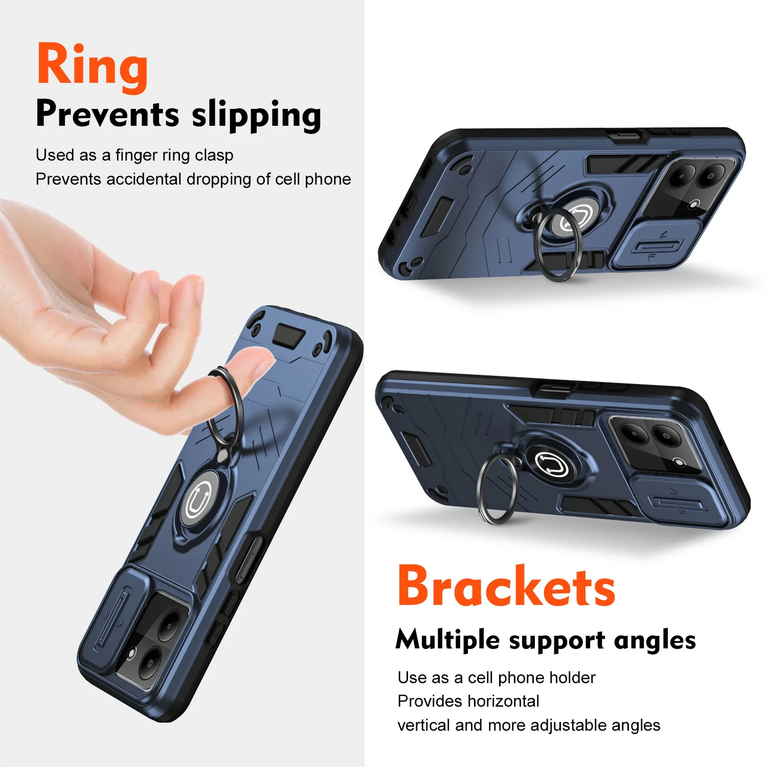 [Built-in Ring Bracket][With Slide Lens Cover] ZTE Blade A34 Mecha-style Anti-slip Protective Hard Heavy Duty Series Case - Image 9