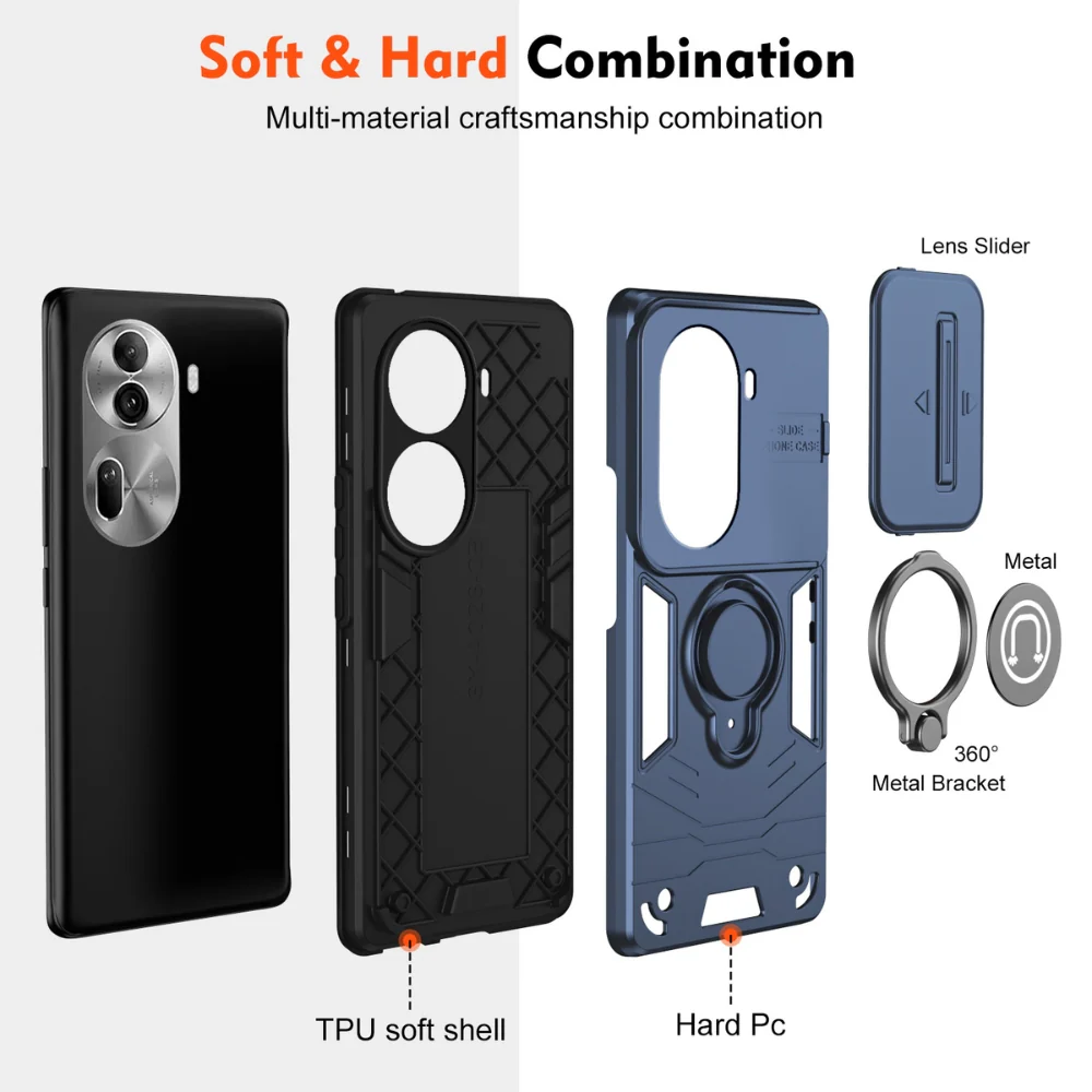 [Built-in Stand][With Slide Lens Cover] OPPO Reno11/Pro/F - PC + TPU 2 in 1 Anti-Drop Protective Shell Case - Image 9
