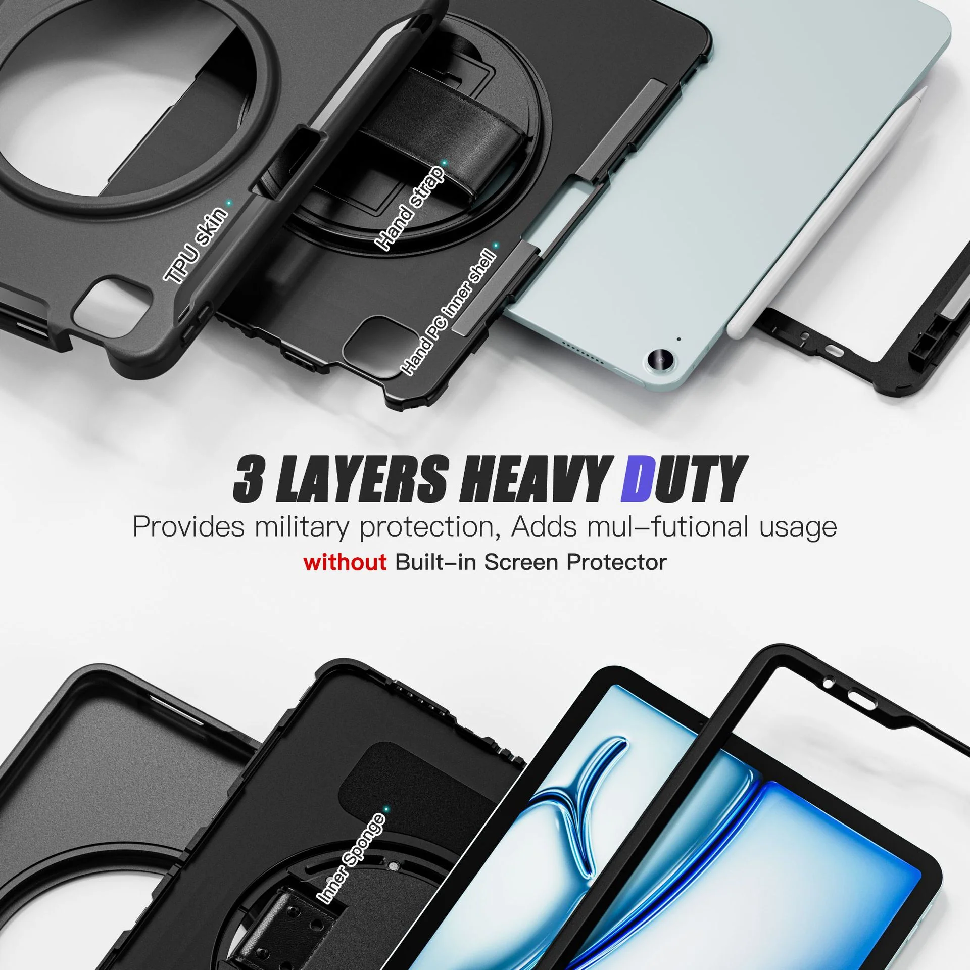 [Built-in Stand][With Wrist Strap] Apple iPad Pro 11-inch 1st/2nd/3rd/4th (2018/2020/2021/2022) TPU Full-body Heavy Duty Ring Holder Stand Case - Image 4
