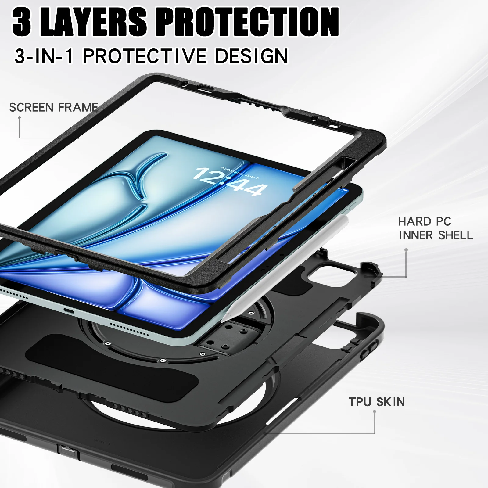 [Built-in Stand][With Wrist Strap] Apple iPad Pro 11-inch 1st/2nd/3rd/4th (2018/2020/2021/2022) TPU Full-body Heavy Duty Ring Holder Stand Case - Image 6