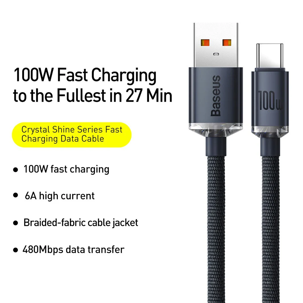 CW-FXP Baseus Crystal Shine Series Fast Charging Data Cable USB to Type-C 100W 1.2m - Black - Image 3