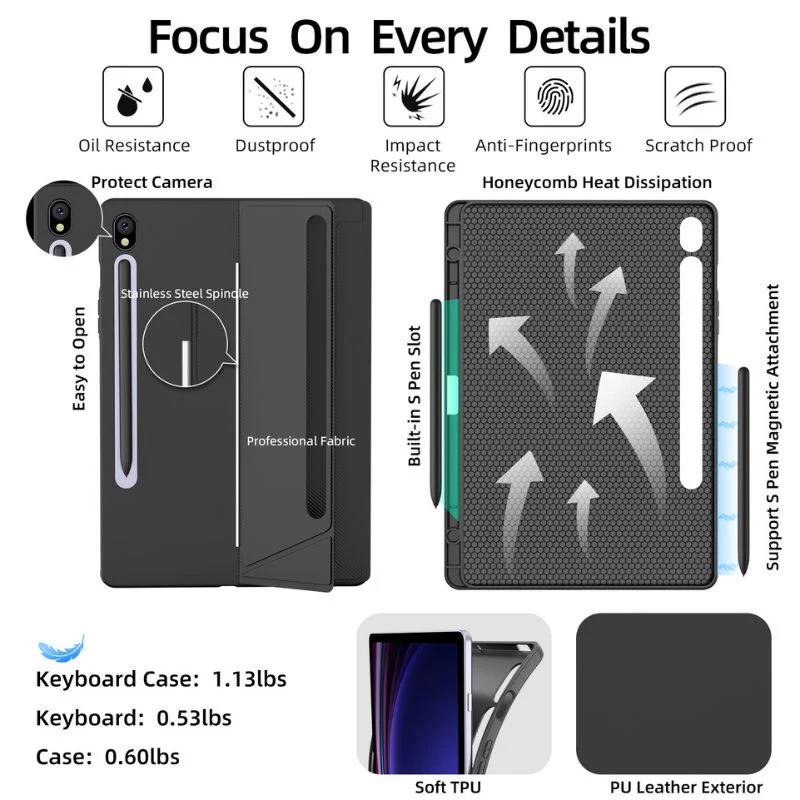 [Detachable][With RGB Backlit] Samsung Galaxy Tab S7 Plus & S8 Plus 12.4"- Wireless Bluetooth Magnetic Keyboard Soft Case - Image 5