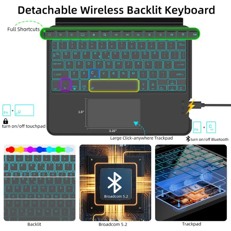 [Detachable][With RGB Backlit] Samsung Galaxy Tab S7 Plus & S8 Plus 12.4"- Wireless Bluetooth Magnetic Keyboard Soft Case - Image 6
