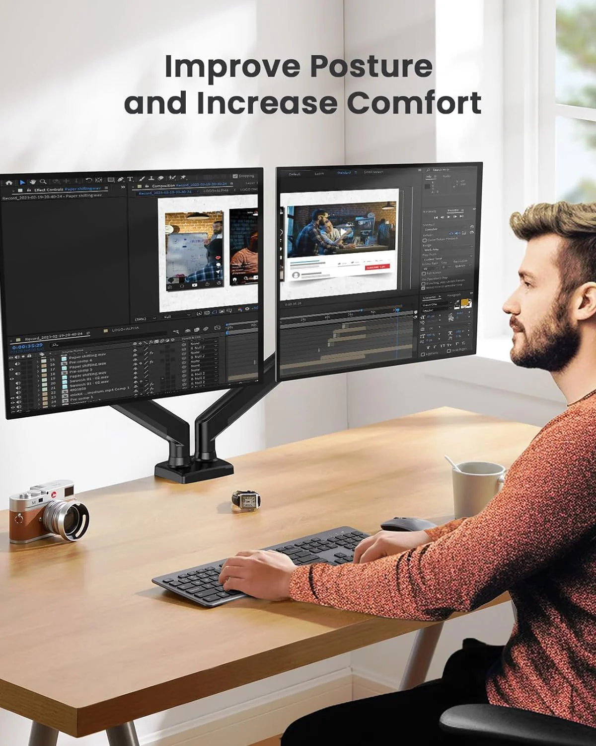 Dual Monitor 360° rotate Stand for Desk, Adjustable Gas Spring Double Monitor Mount Holds Max Load 22 lbs and 13-32 Inch Screens, Monitor Arms for 2 Monitors with C-clamp& Grommet - Image 5