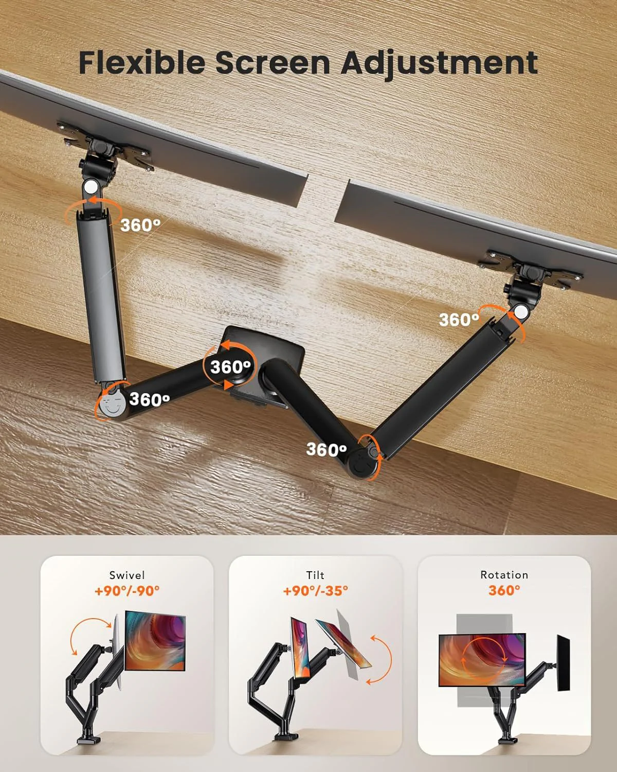 Dual Monitor 360° rotate Stand for Desk, Adjustable Gas Spring Double Monitor Mount Holds Max Load 22 lbs and 13-32 Inch Screens, Monitor Arms for 2 Monitors with C-clamp& Grommet - Image 6