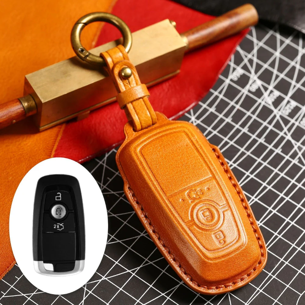Ford Handcrafted Genuine Leather Folding Car Key Fob Protective Case Cover For Raptor F-150, Focus, Escort, Mondeo, Edge, Explorer, Mustang - Image 2