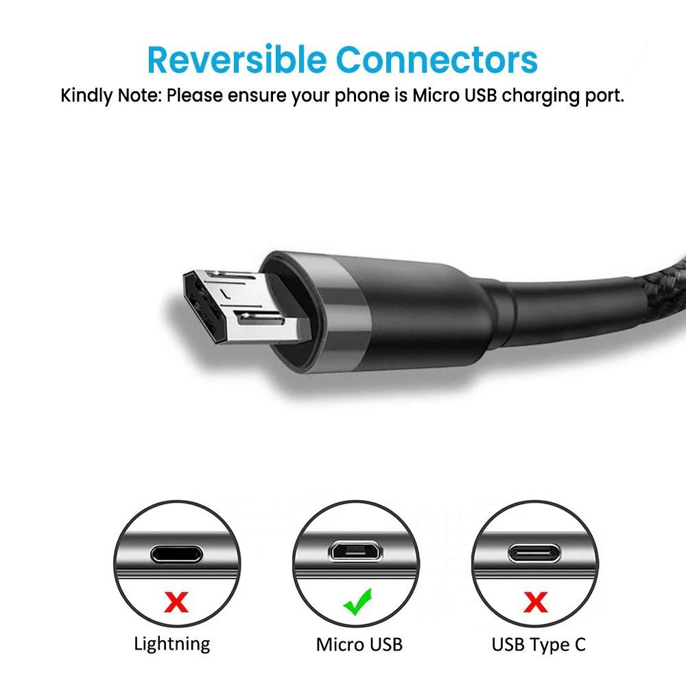 iQuick Braided Double Side Insertion Micro USB to USB-A Fast Charging Cable 0.3M - Image 3