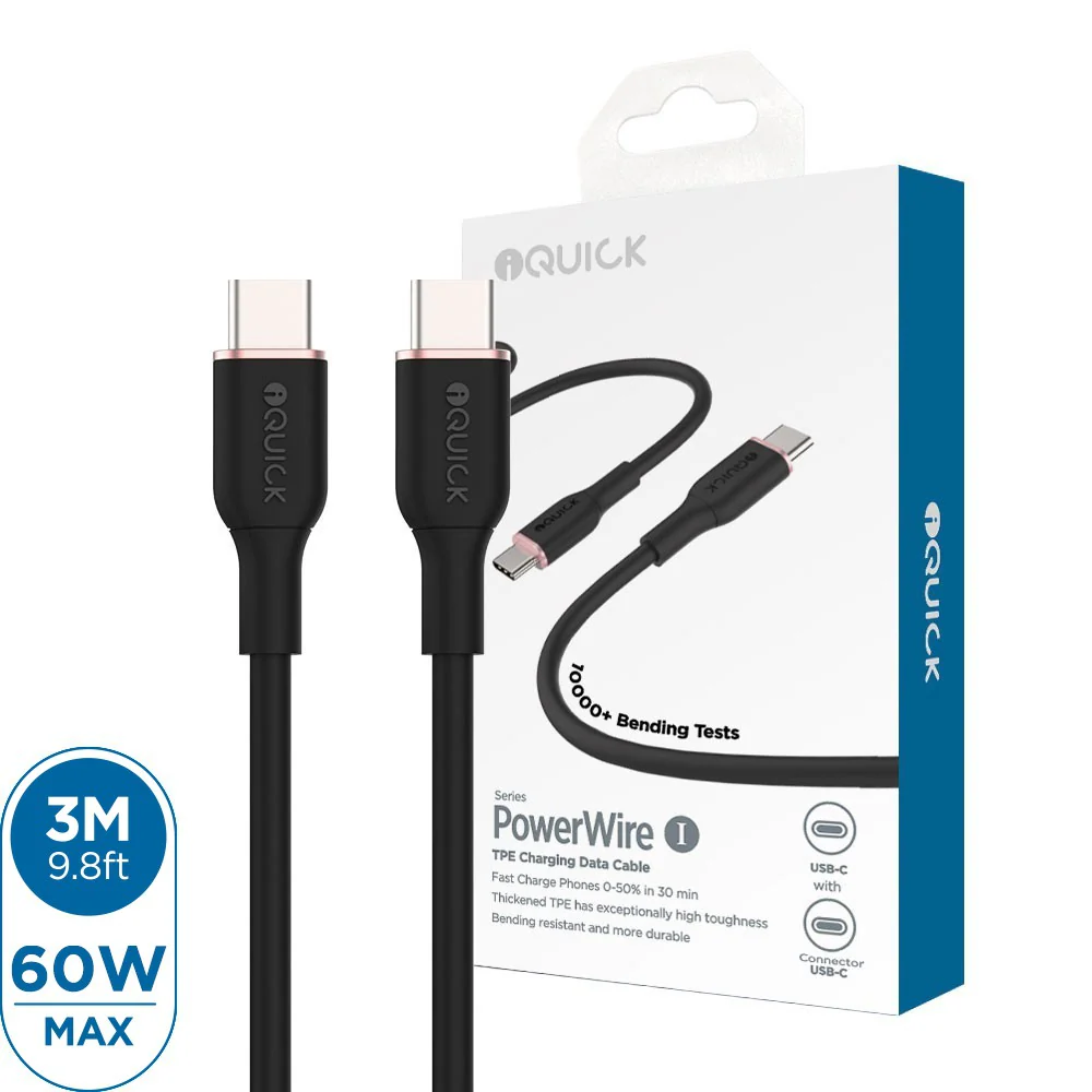 iQuick PowerWire 1 Series TPE Charging Data Cable Type-C to Type-C 3m Compatible for iPhone 15 16 17 Series