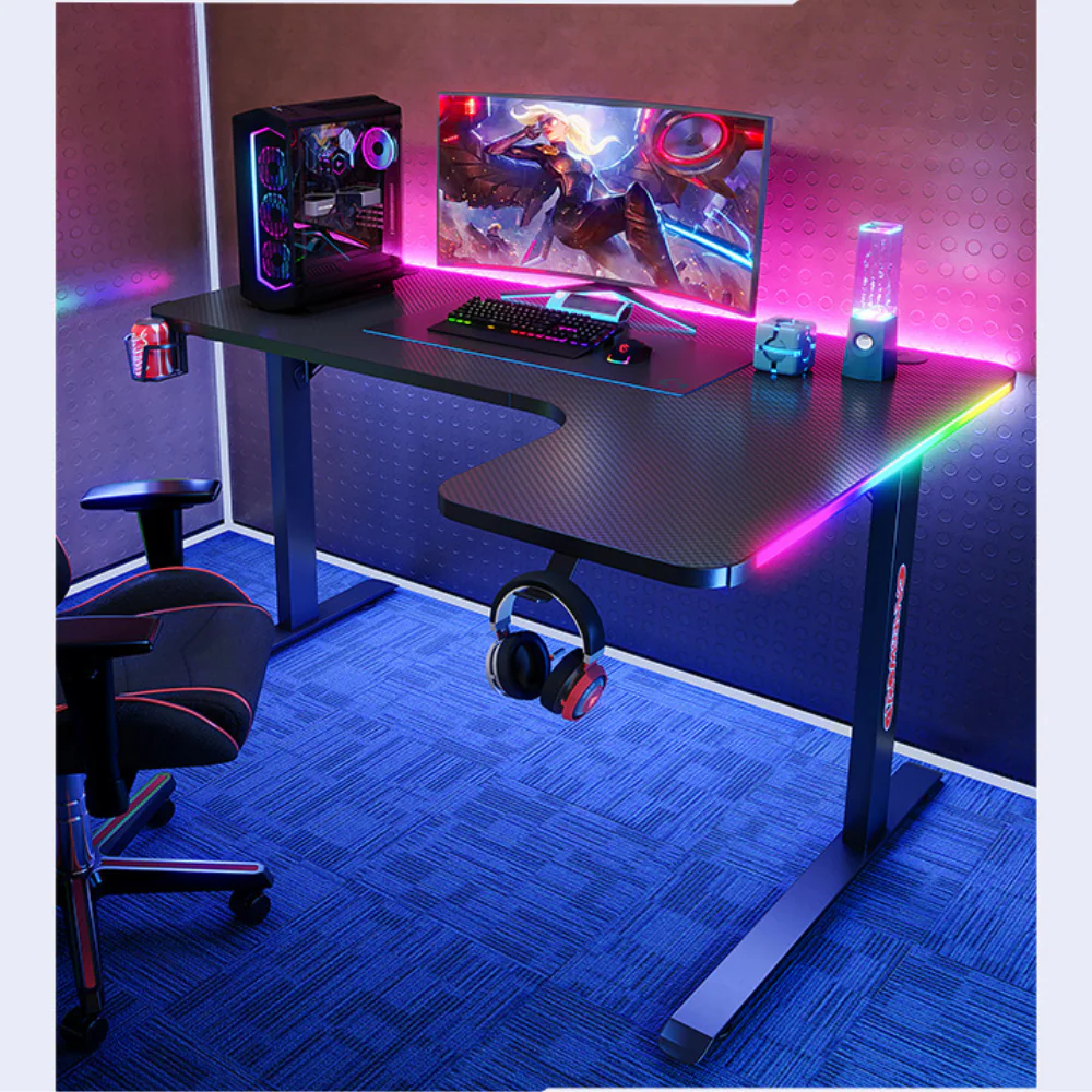 Large Right Corner Gaming Desk with RBG LED Lights Carbon Fiber Surface with Cup Holder & Headphone Hook