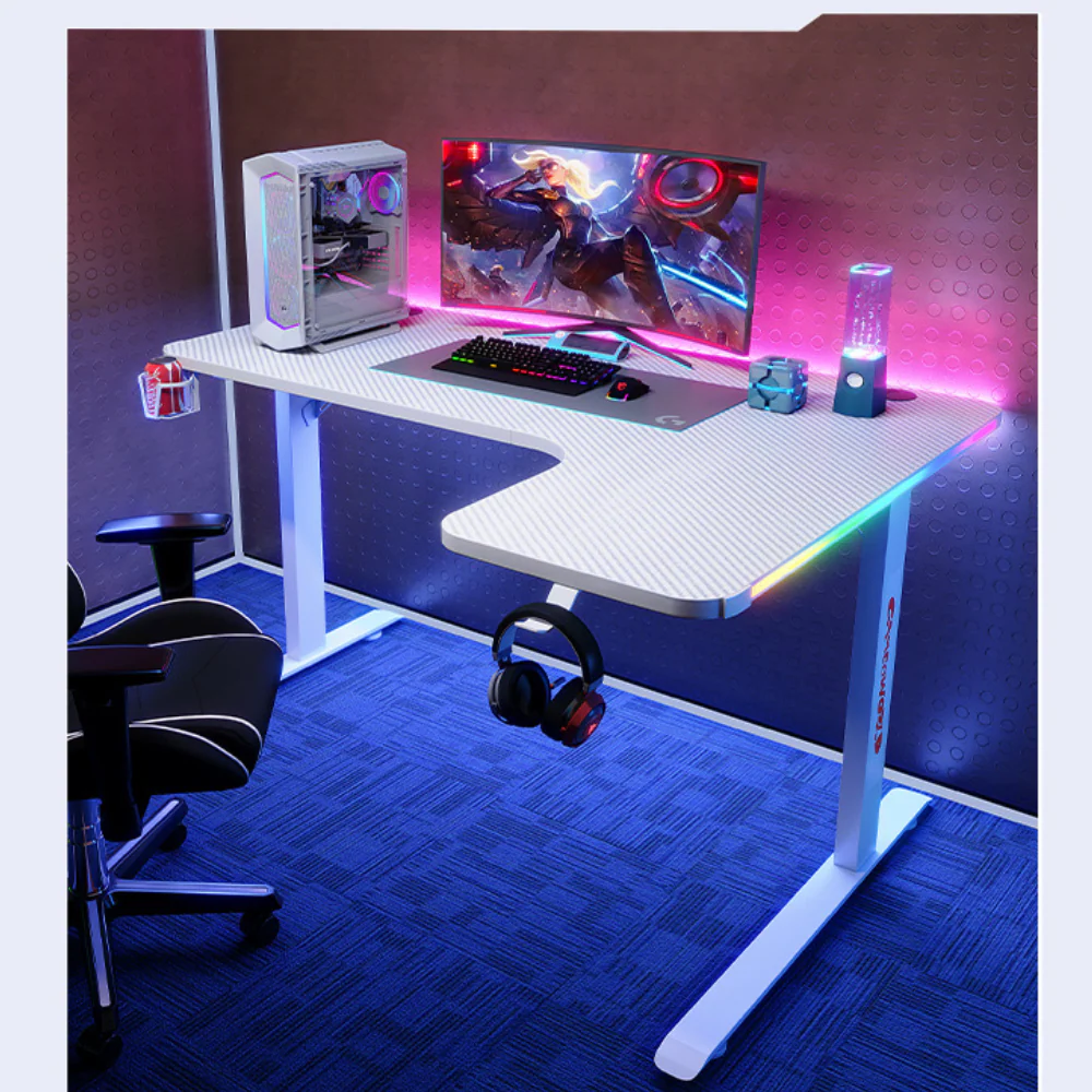 Large Right Corner Gaming Desk with RBG LED Lights Carbon Fiber Surface with Cup Holder & Headphone Hook - Image 2