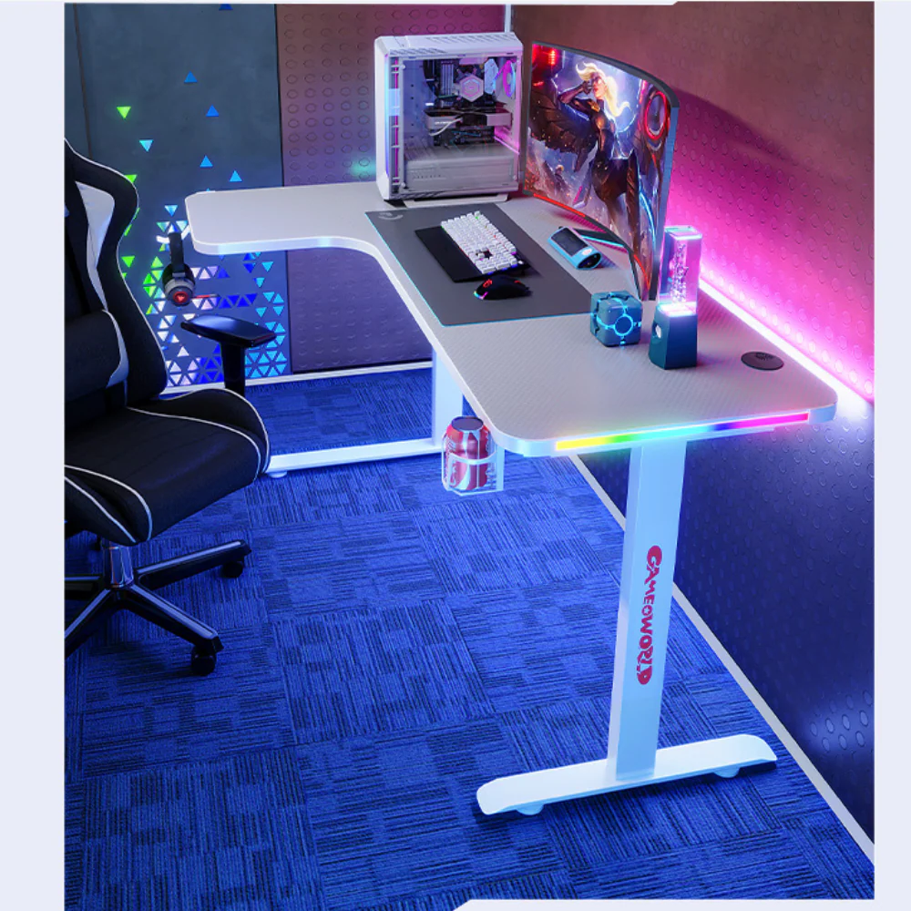 Large Right Corner Gaming Desk with RBG LED Lights Carbon Fiber Surface with Cup Holder & Headphone Hook - Image 3