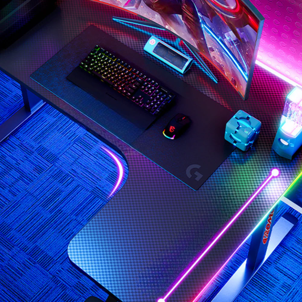 Large Right Corner Gaming Desk with RBG LED Lights Carbon Fiber Surface with Cup Holder & Headphone Hook - Image 4