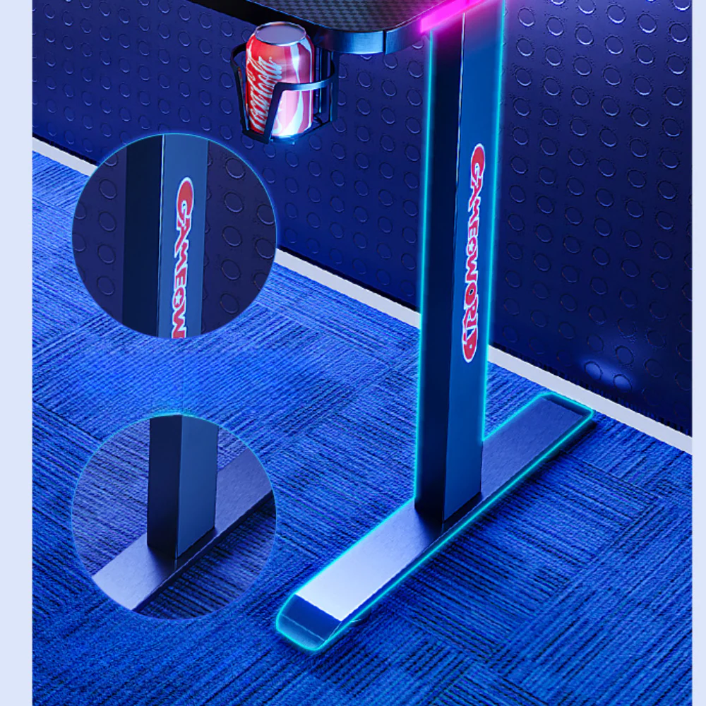 Large Right Corner Gaming Desk with RBG LED Lights Carbon Fiber Surface with Cup Holder & Headphone Hook - Image 5