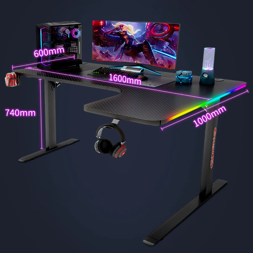 Large Right Corner Gaming Desk with RBG LED Lights Carbon Fiber Surface with Cup Holder & Headphone Hook - Image 6