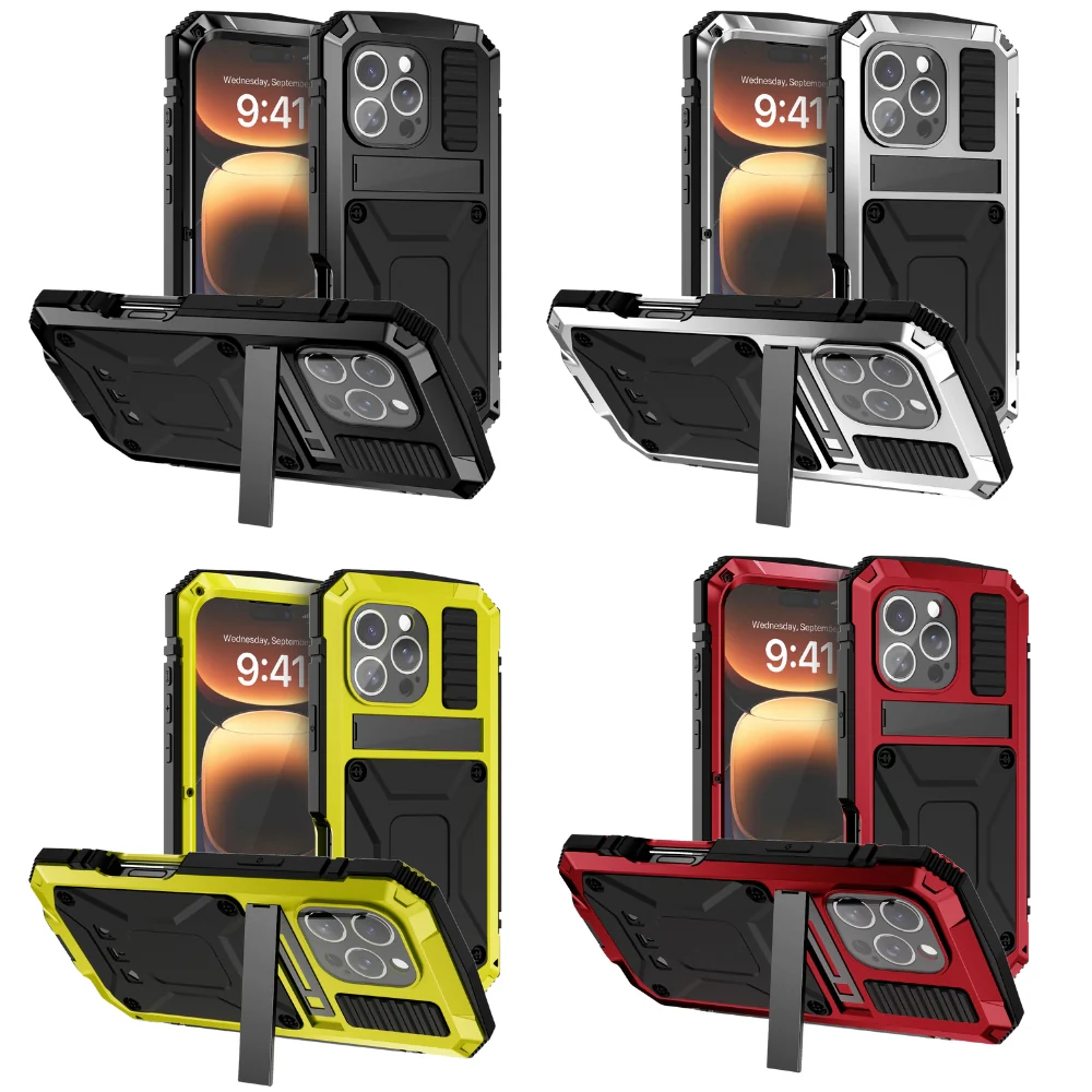 [Magsafe Compatible] Apple iPhone 15/Plus/Pro/Max - Metal Full Coverage Waterproof Heavy Duty Series Case With Stand - Image 2