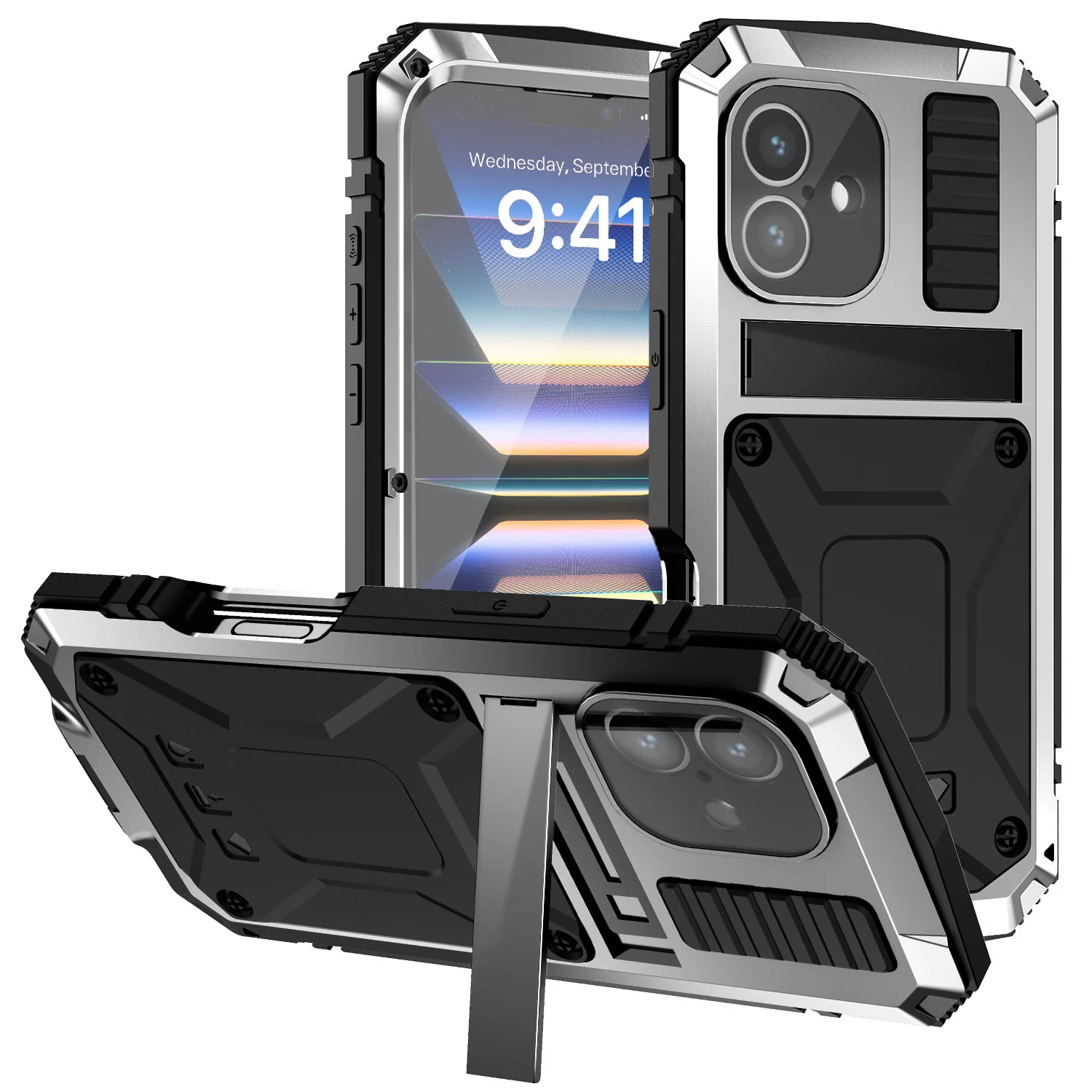 [Magsafe Compatible] Apple iPhone 15/Plus/Pro/Max - Metal Full Coverage Waterproof Heavy Duty Series Case With Stand - Image 5