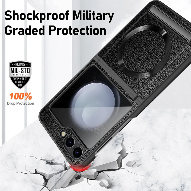 [Magsafe Compatible][Built-in Stand] Samsung Galaxy Z Flip 4 SM-F721 Wireless Charging Leather Full-cover Shockproof Essentials Series Case - Image 11